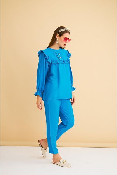 Basicpark Porty Stone Embroidered and Ruffle Detailed Blue Tunic Trousers Set