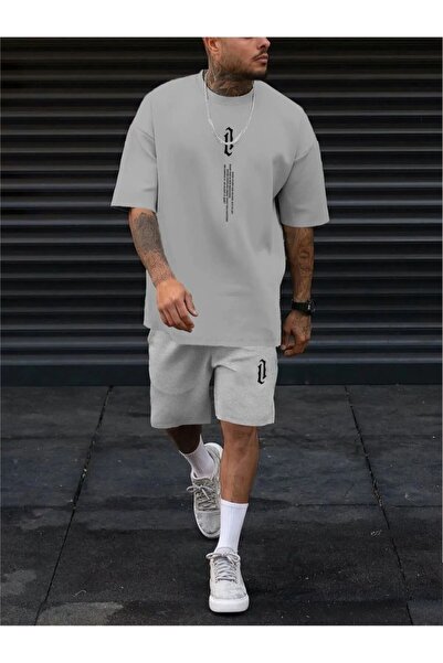 Generic Brand Set de tricou cu pantaloni scurți supradimensionați cu text ver...