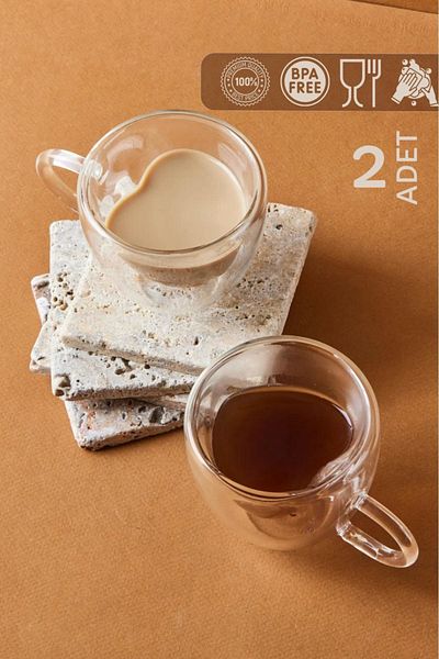 HOMENIVA 2 Pieces Heart-shaped Double Walled Mug Glass with Handle 250 ML