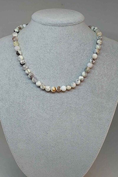 Yasamtohumu قلادة بمشبك فيروزي أبيض عالي الجودة مقاس 8 مم