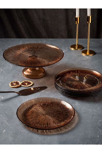 Mugani Aura 7 Piece Presentation and Serving Set - 22 cm Cake - 28 cm Standing Presentation Plate - Coffee