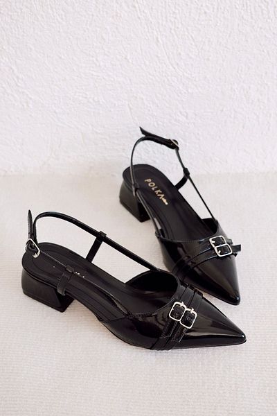 POLKA STORE More Patent Leather Open Back Pointed Toe Helmet Short Block Heeled Mary Jane Women's Shoes