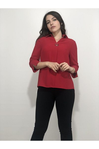 AYHAN Women's Red Buckle Crepe Blouse