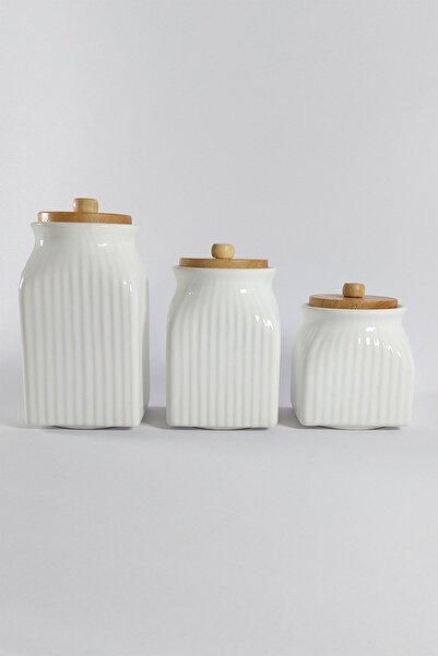 İLİVA 3' Lü Vakumlu Ahşap Kapaklı Beyaz Kavanoz Seti Takımı Baharat Çay Tuz Şeker Kahve Kavanozu