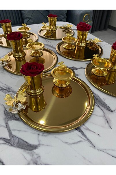 Mira züccaciye صينية تقديم دائرية على شكل فراشة من الفولاذ باللون الذهبي مكونة من 6 قطع - دلو وردي وحامل معكرون