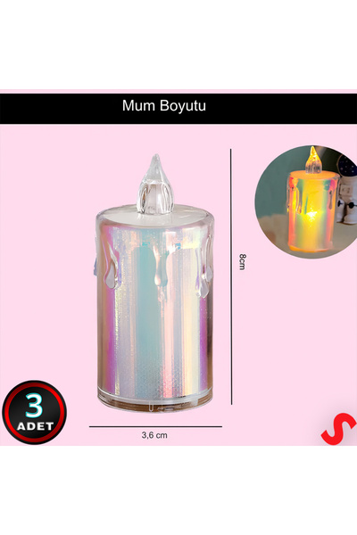 Süsle Baby Party Erimiş MuM Görünümlü,Gökkuşağı Işıklı Pilli Led MuM, 8x3,6cmx3 Adet
