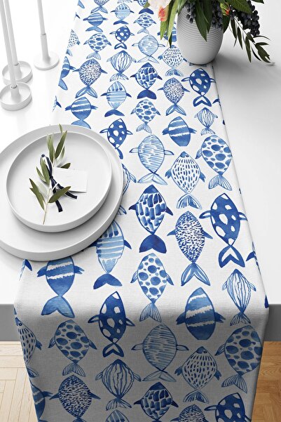 uygun dekor Mavi Balık Desenli Marin Tema Leke Tutmaz Kumaş Salon Mutfak Masa...