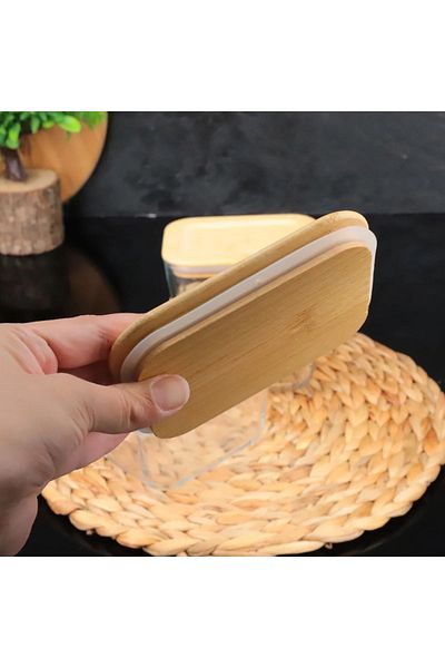 MİEN Mien 6 Pieces Vacuum Breakfast Glass Rectangular with Bamboo Lids
