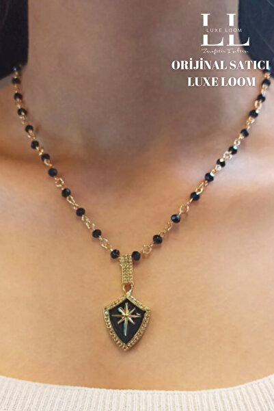 Luxe Loom Kadın Siyah Mineli Kalkan Figürlü Boncuklu Kolye 002
