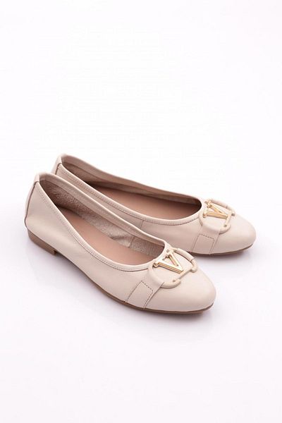 DGN Women's V Buckle Accessory Ballerinas Ecru Genuine Leather 35168323