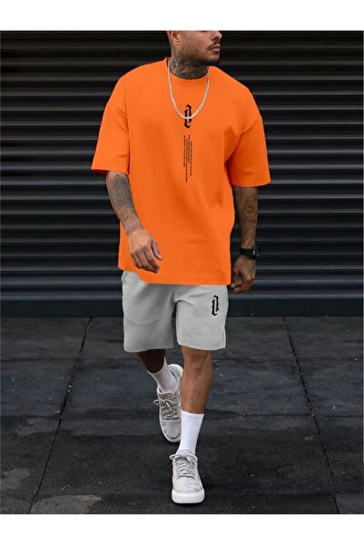 MEİLİFENG Men's Vertical Text Printed Oversize Shorts T-shirt Set