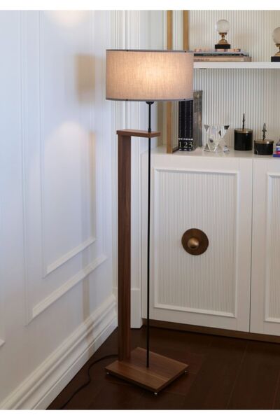 HOMİNG Pi Ahşap Gövdeli Gri Kumaş Başlıklı Lambader Ayd-3132