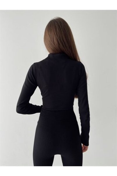 BE CHİC Black Zippered Ribbed Crop Blouse