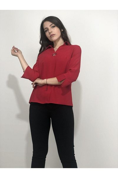 AYHAN Women's Red Buckle Crepe Blouse