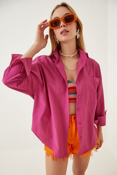laughs Γυναικείο φούξια κουμπιά στην πλάτη Oversize Loose πουκάμισο Gm6000