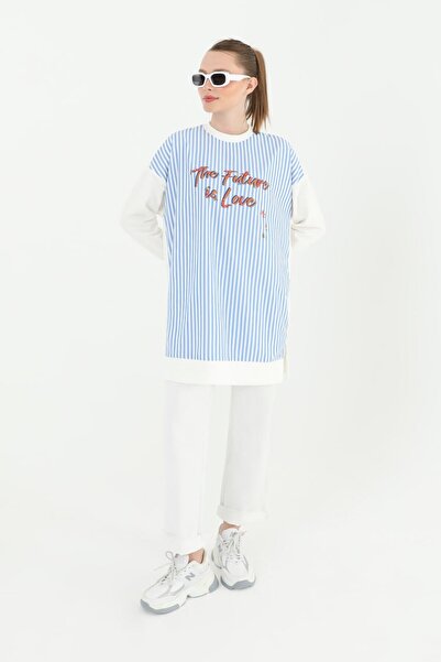 Puane İKİ İPLİK KUMAŞ YAZI BASKILI VE ÇİZGİLİ SWEATSHIRT