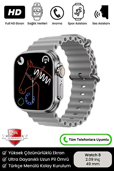 Noriyen Watch 8 Ultra IOS Android Uyumlu 2.09 İnç Çift Kordonlu Spor ve Sağlı...