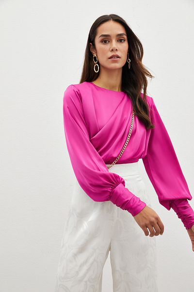 Sateen Bluză din satin cu lanț în față - FUCHIA