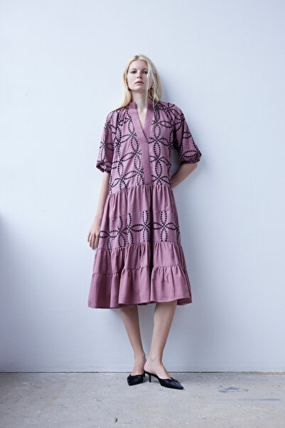 By Mare Style MESSINA-Güpürlü Organik Pamuk Midi Elbise