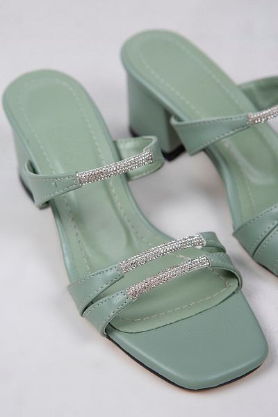 siya Nisa Stoned Banded Mint Green Women's Heeled Slippers