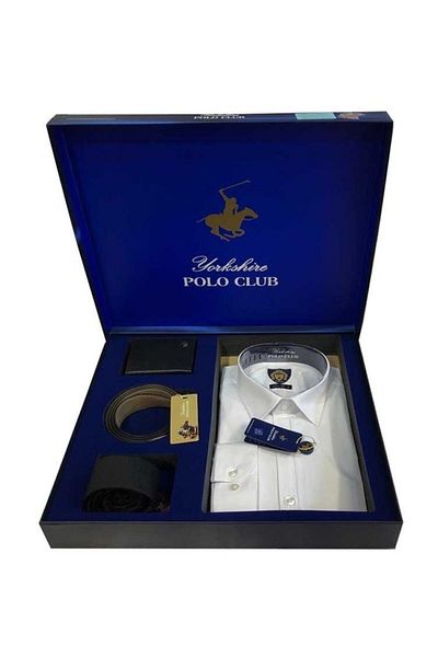 Yorkshire Polo Club Men's White Shirt Belt Wallet Tie Dowry Set Suit