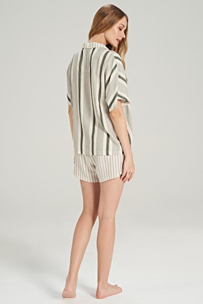 Feyza Linen Green Short Sleeve Shorts Set - Front Button C0T3N0O5