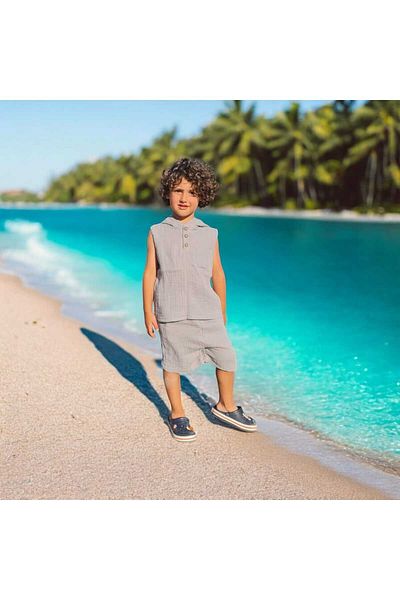 BEBEĞİME ÇORAP Boys' Muslin T-Shirt and Shorts Set - Hooded and Sleeveless