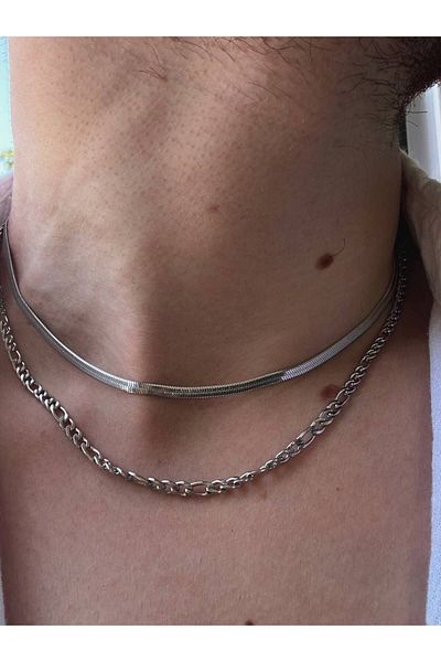 Arvens Stainless Steel Figaro Necklace for Men and Women - Two Chains, Unusex Color