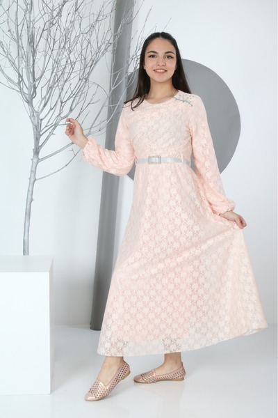 Jannock Rochie lungă de hijab cu model Guipure - căptușită pentru fetiță