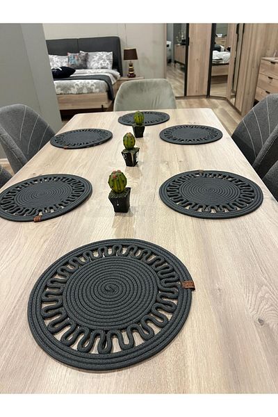 Türkmen Ev Tekstil American Service - Jute, Wicker Color 6Supla Runner, Bread Basket and Plate Base Supla Set
