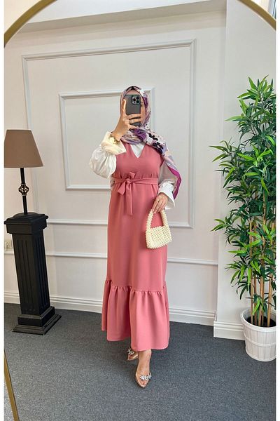 Nisa Nalbantoğlu Ροζ ροζ κρεπ Hijab Gilet
