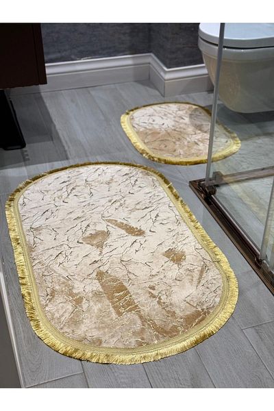 YTR HOME Σετ 2 - Camel Glitter Bamboo Αντιολισθητική Δερμάτινη Βάση Οβάλ Σετ Ψάθα Τουαλέτας Μπάνιο