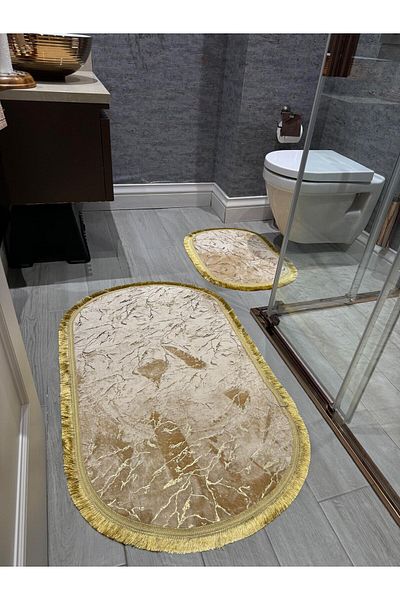 YTR HOME Σετ 2 - Camel Glitter Bamboo Αντιολισθητική Δερμάτινη Βάση Οβάλ Σετ Ψάθα Τουαλέτας Μπάνιο