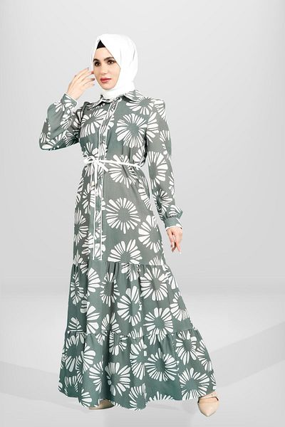 Beyza Φόρεμα Hijab με πράσινο σχέδιο με βολάν - Κουμπί, 5604