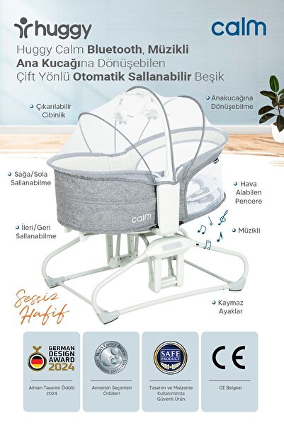 Huggy Calm Gri Mini Beşik ve Ana Kucağı – Çift Yönlü, Müzikli, Otomatik Sallanabilir, Bluetooth Özellikli