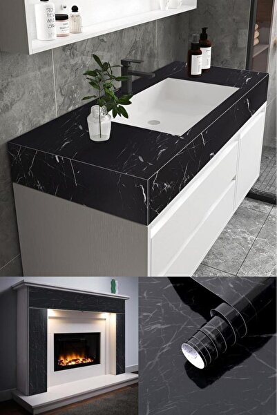 CNGZSHOP Siyah Mermer Desenli Kendinden Yapışkanlı Isıdan Sudan Ekilenmeyen K...