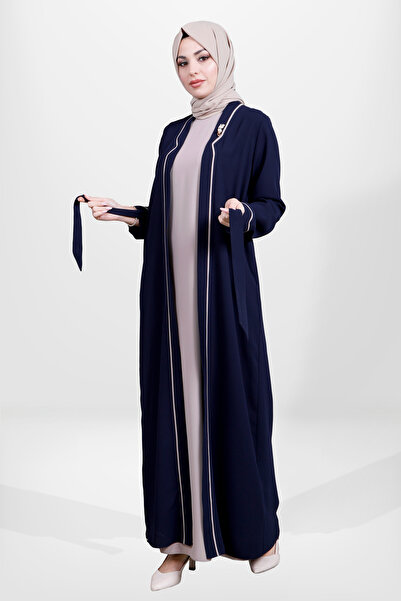 Beyza Broş Detaylı Biyeli Lacivert Renk İkili Abaya Takım 3983