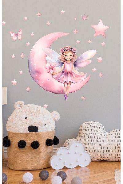 Sim Tasarım Soft Pink Fairy Girl Sitting on the Moon Baby Kids Room Wall Sticker Set