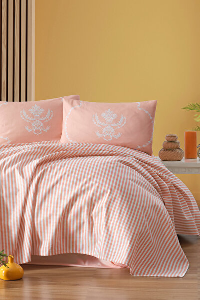 Enlora Home Desenli Pike Takımı Çift Kişilik Çizgili Pudra (Pike+Çarşaf+Yastı...