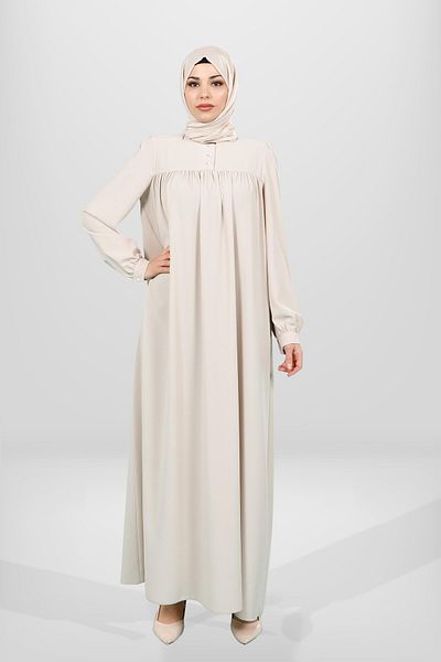 Beyza Μπεζ Φόρεμα Hijab - Κομμένο από το Ρόμπα, Μανσέτα με κουμπί 5616