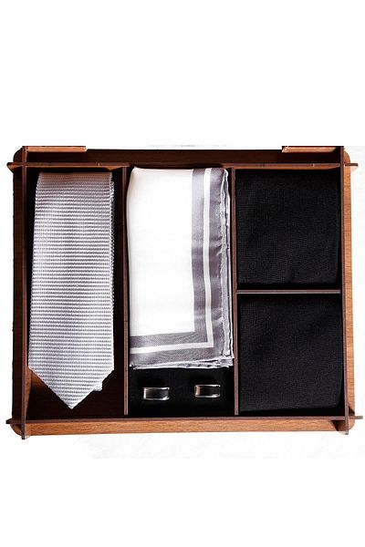 1001 Kravat Wooden Gift Boxed Silk Tie Silk Handkerchief Metal Cufflinks Men's Gift Set with Bamboo Socks