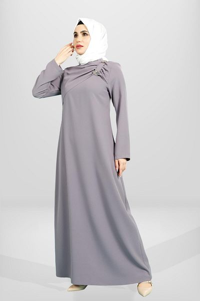Beyza Λιλά Φόρεμα Hijab - Λεπτομέρεια καρφίτσας και βολάν 5533