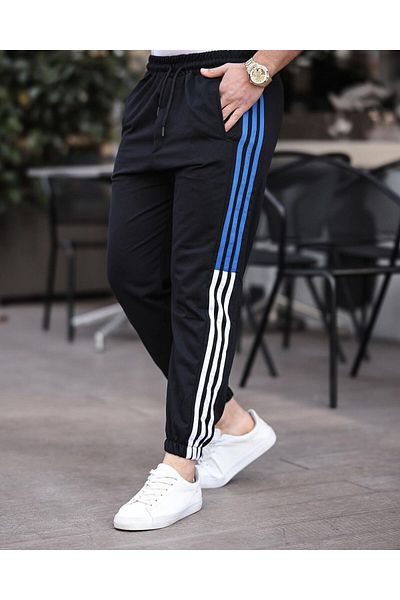 Tex Republic Pantaloni de sport negri pentru bărbați, cu dungi cu picior de cauciuc