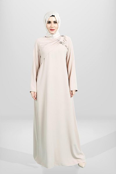 Beyza Μπεζ Φόρεμα Hijab - Λεπτομέρεια καρφίτσας και βολάν, Μοντέλο 5533