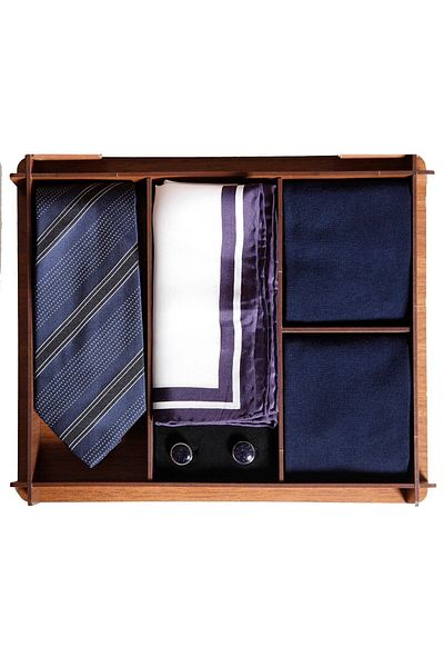 1001 Kravat Wooden Gift Boxed Silk Tie Silk Handkerchief Metal Cufflinks Men's Gift Set with Bamboo Socks
