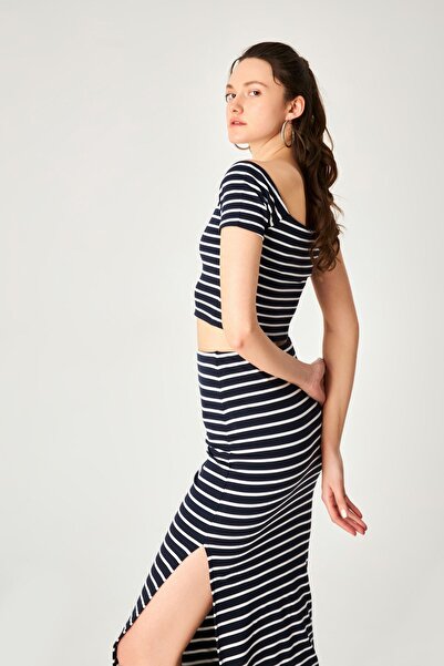 Kallisto Navy Blue Striped Short Sleeve Crop High Waist Slit Skirt Set