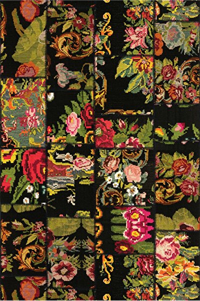 kilim home Mars 2094 Patchwork Eskitme Vintage Görünüm Çiçekli Siyah Dokuma T...