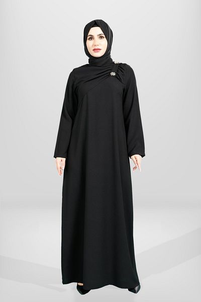 Beyza Black Hijab Dress - Brooch Detail and Ruffle 5533