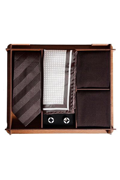 1001 Kravat Wooden Gift Boxed Silk Tie Silk Handkerchief Metal Cufflinks Men's Gift Set with Bamboo Socks