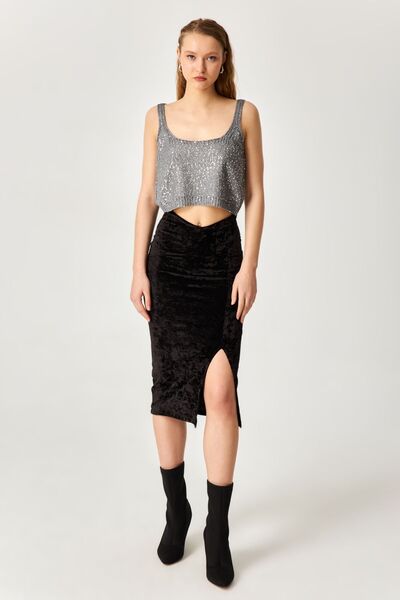 Kallisto Siyah Kadife Yırtmaçlı Kalem Etek